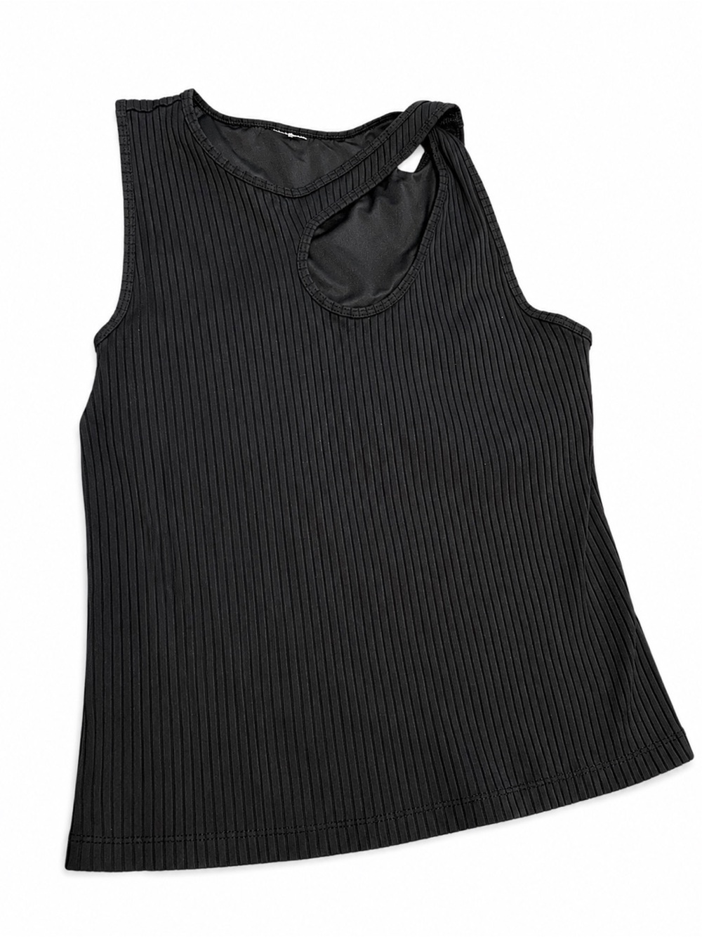 Black Ribbed Cutout Tank Top - Women